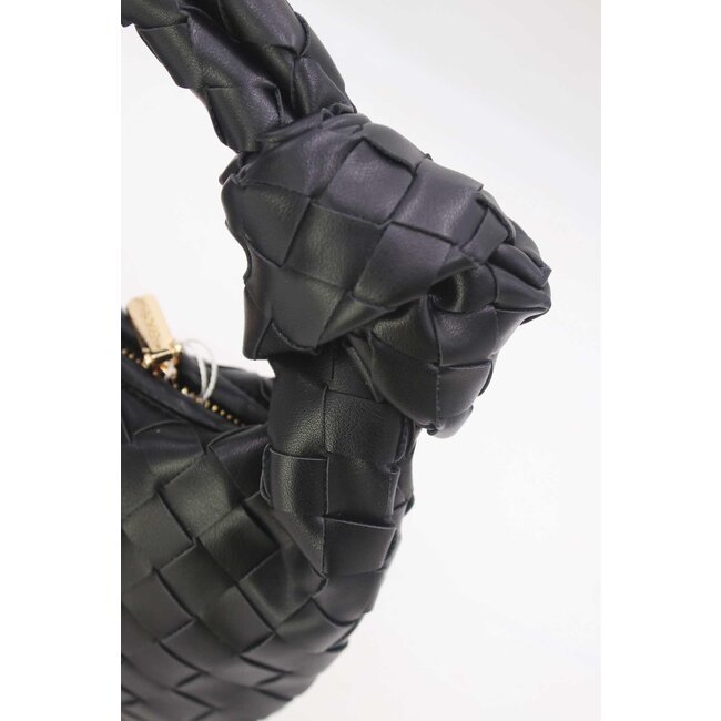 Schwarze gewebte Umhängetasche aus Kunstleder mit Knopfdetail und zusätzlichem Henkel