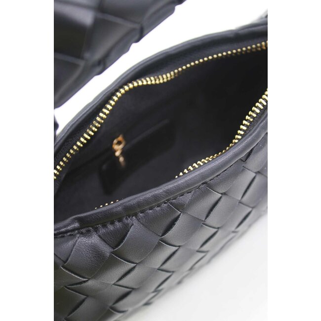 Schwarze gewebte Umhängetasche aus Kunstleder mit Knopfdetail und zusätzlichem Henkel