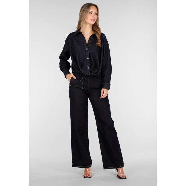 Dark Blue Straight Leg Jeans with Drawstring