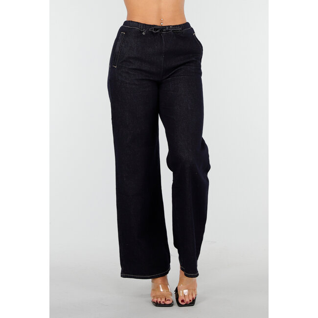 Dark Blue Straight Leg Jeans with Drawstring