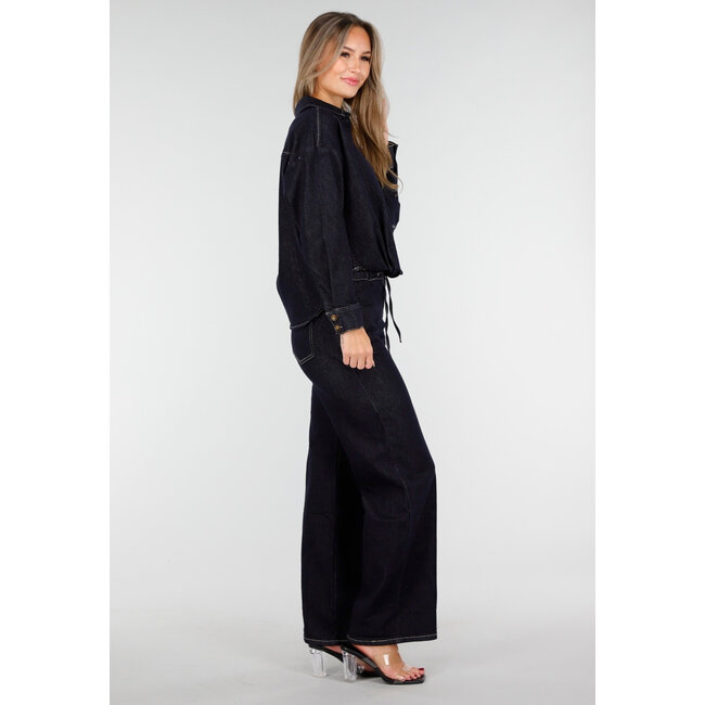 Dark Blue Straight Leg Jeans with Drawstring