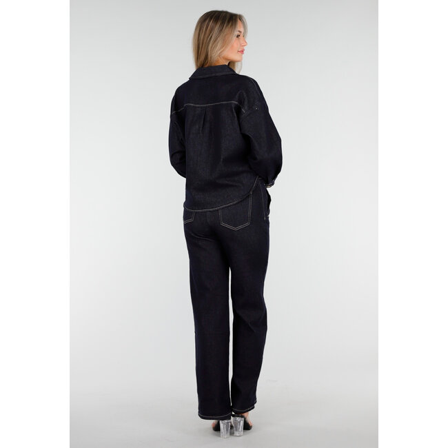 Dark Blue Straight Leg Jeans with Drawstring