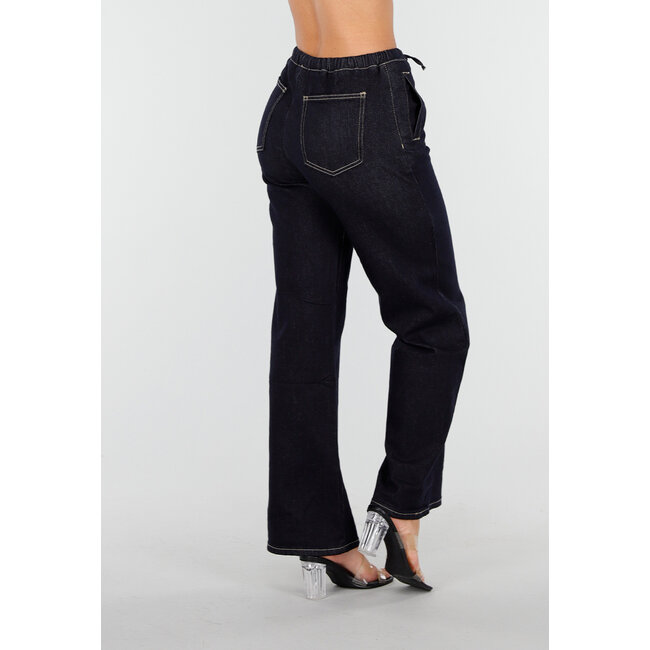 Dark Blue Straight Leg Jeans with Drawstring