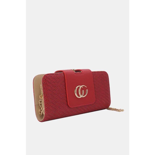 Rote geflochtene Clutch aus Kunstleder mit goldener Schulterkette