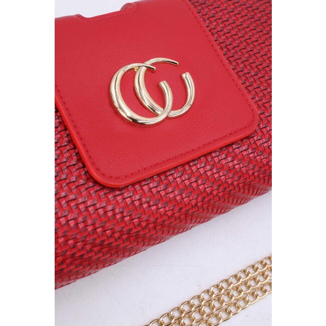Rote geflochtene Clutch aus Kunstleder mit goldener Schulterkette