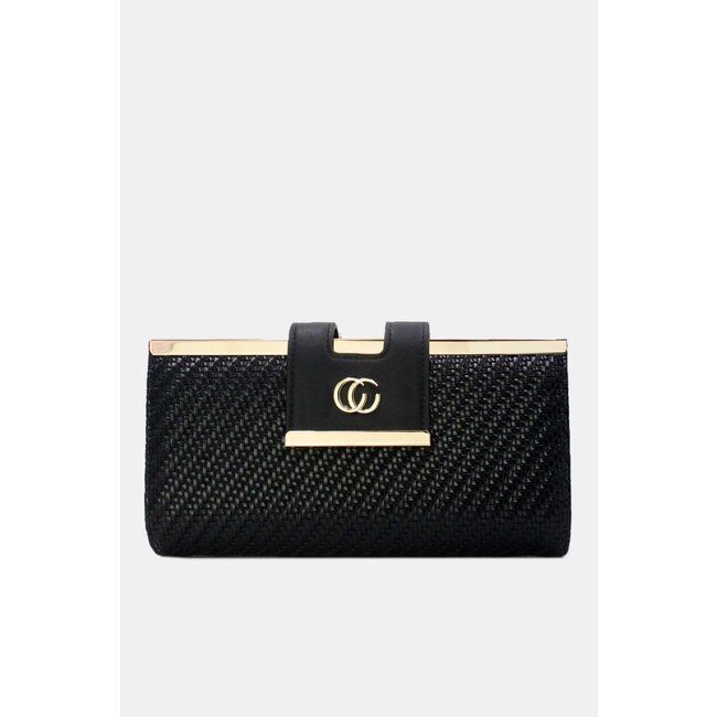 Schwarze geflochtene Clutch aus Kunstleder mit goldener Schulterkette