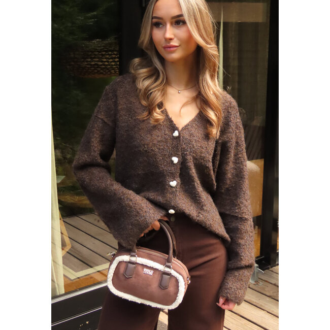Dark Brown Cardigan with Heart Buttons