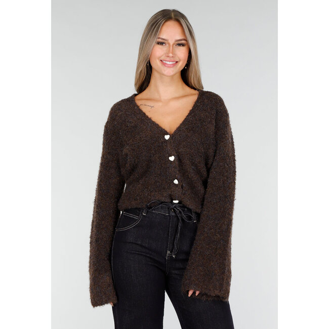 Dark Brown Soft Cardigan with Heart-Shaped Buttons and V-Neck
