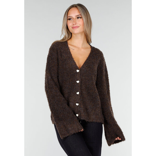 Dark Brown Soft Cardigan with Heart-Shaped Buttons and V-Neck