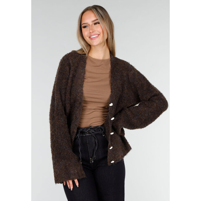 Dark Brown Soft Cardigan with Heart-Shaped Buttons and V-Neck