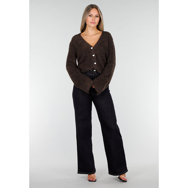 Dark Brown Soft Cardigan with Heart-Shaped Buttons and V-Neck