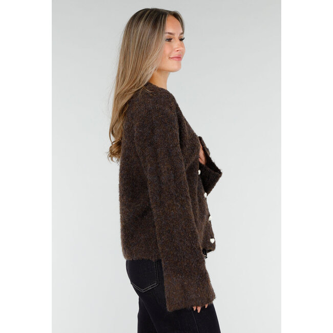 Dark Brown Soft Cardigan with Heart-Shaped Buttons and V-Neck