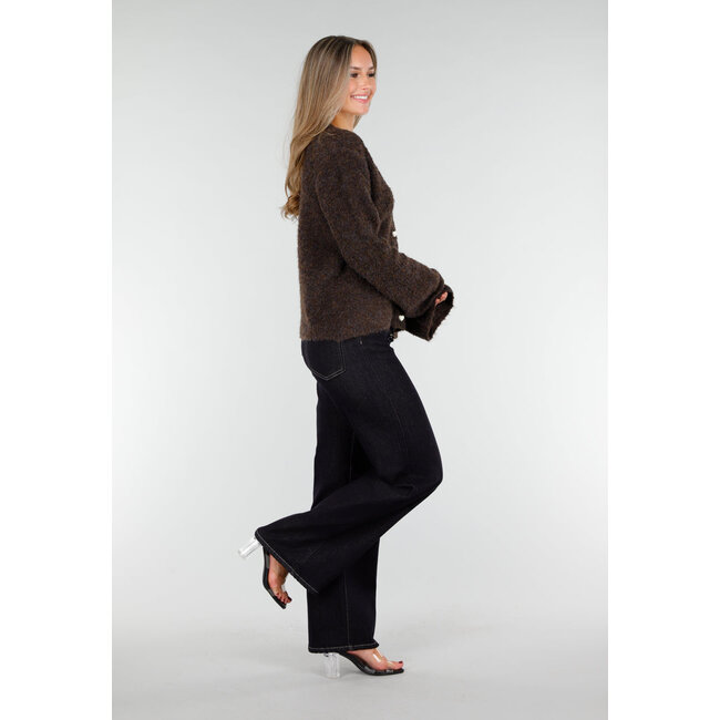 Dark Brown Soft Cardigan with Heart-Shaped Buttons and V-Neck