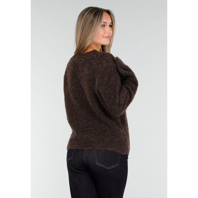 Dark Brown Soft Cardigan with Heart-Shaped Buttons and V-Neck