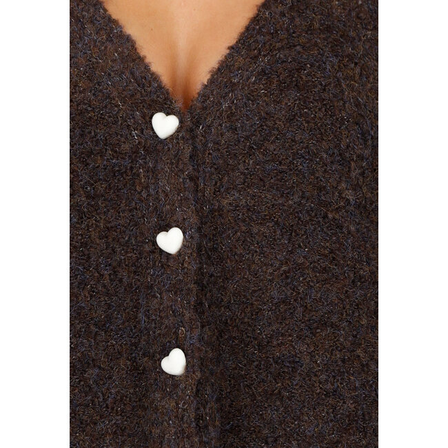Dark Brown Soft Cardigan with Heart-Shaped Buttons and V-Neck