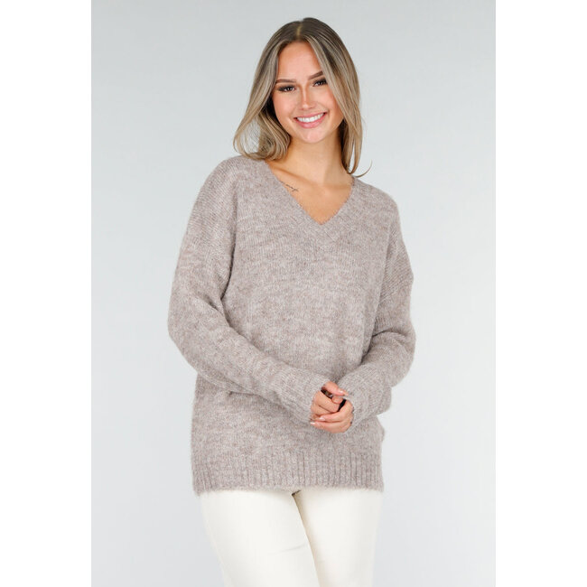 Beige Melange Pullover mit V-Ausschnitt und weicher, flauschiger Struktur