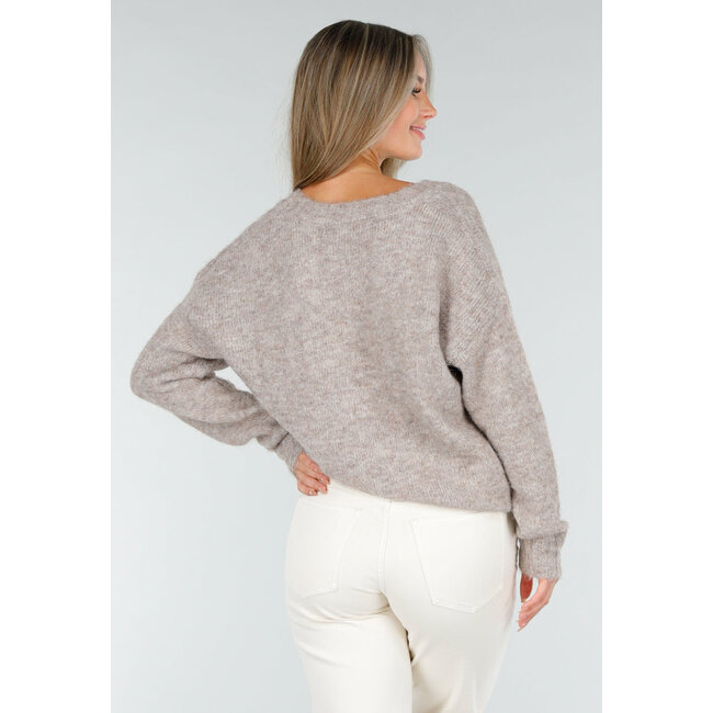 Beige Melange Pullover mit V-Ausschnitt und weicher, flauschiger Struktur