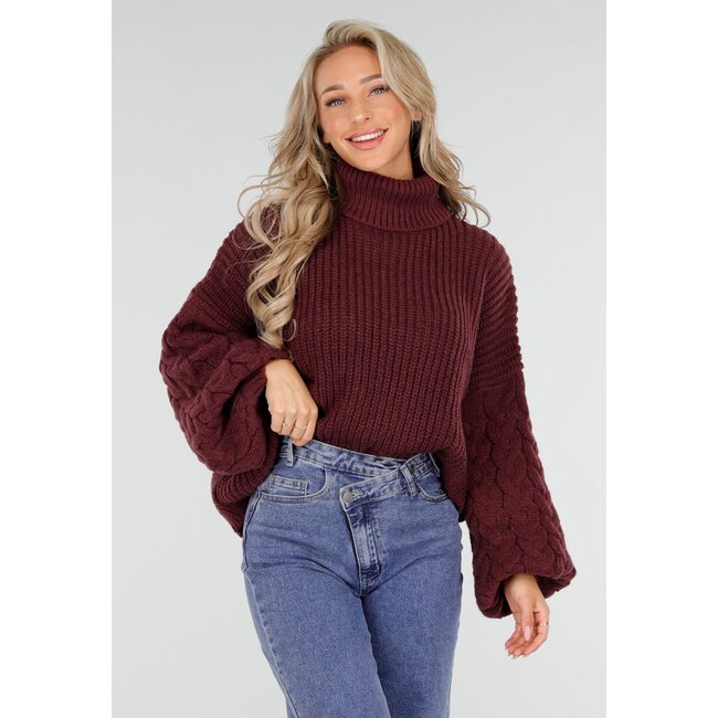 Bordeaux Strickpullover mit weitem Ärmel