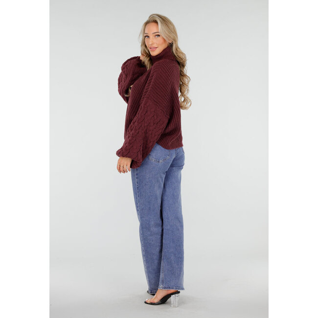 Bordeaux Strickpullover mit weitem Ärmel