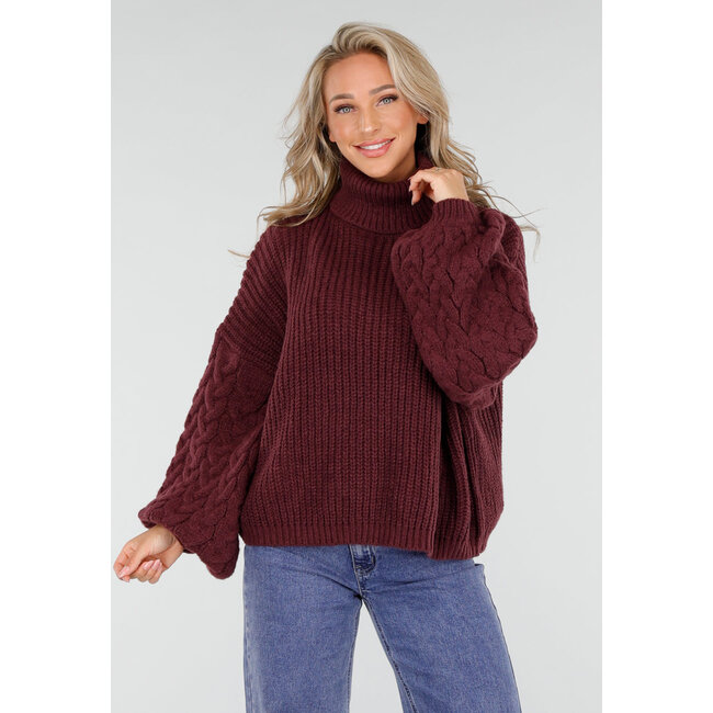 Bordeaux Strickpullover mit weitem Ärmel