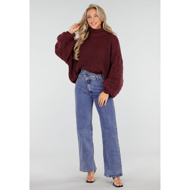 Bordeaux Strickpullover mit weitem Ärmel