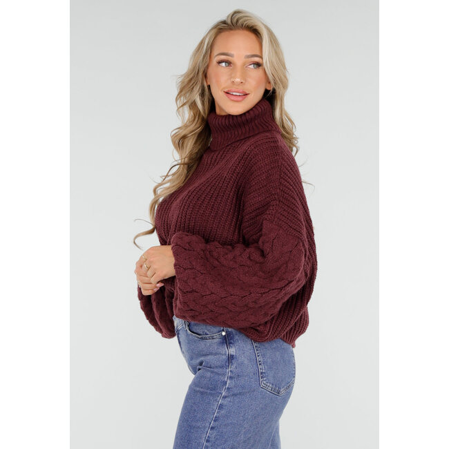 Bordeaux Strickpullover mit weitem Ärmel