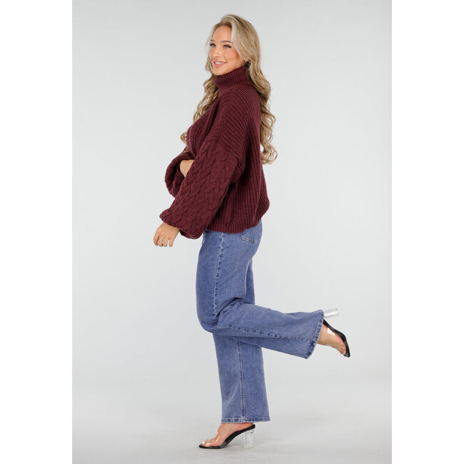 Bordeaux Strickpullover mit weitem Ärmel