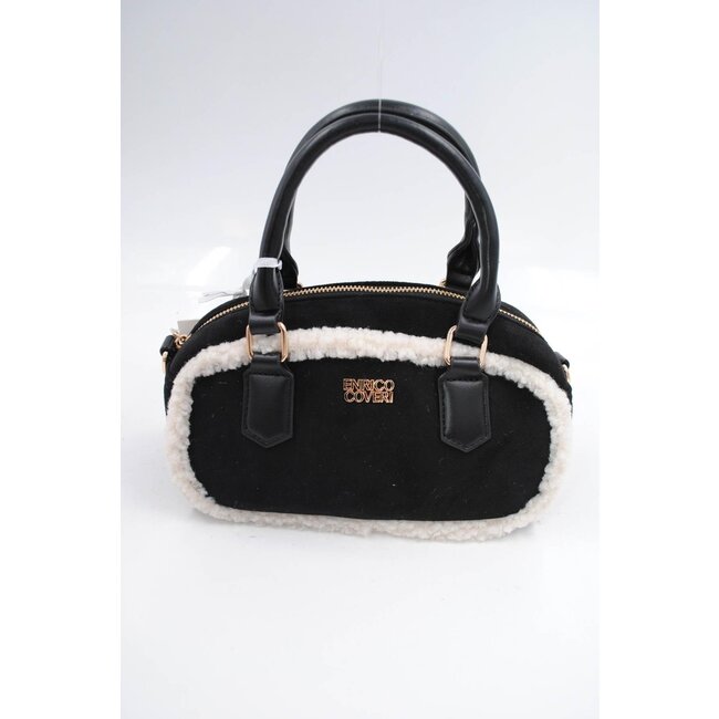 Schwarze Wildlederhandtasche mit weißem Fellbesatz und langem Schulterriemen