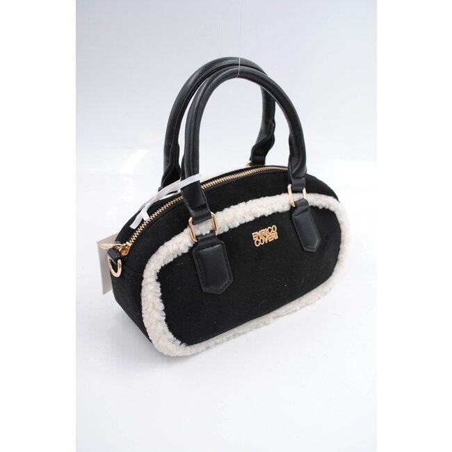 Schwarze Wildlederhandtasche mit weißem Fellbesatz und langem Schulterriemen
