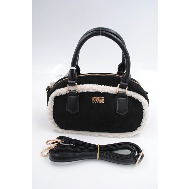 Schwarze Wildlederhandtasche mit weißem Fellbesatz und langem Schulterriemen