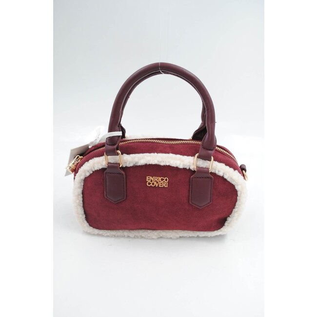 Rote Wildlederhandtasche mit weißem Fellbesatz und langem Schulterriemen