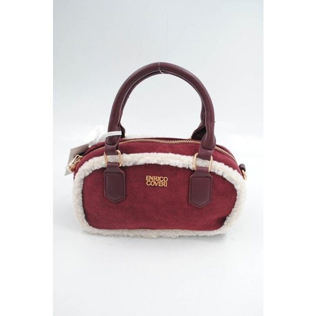Rote Wildlederhandtasche mit weißem Fellbesatz und langem Schulterriemen