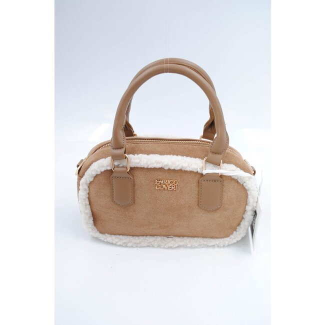 Beigefarbene Wildlederhandtasche mit Fellbesatz und langem Schulterriemen