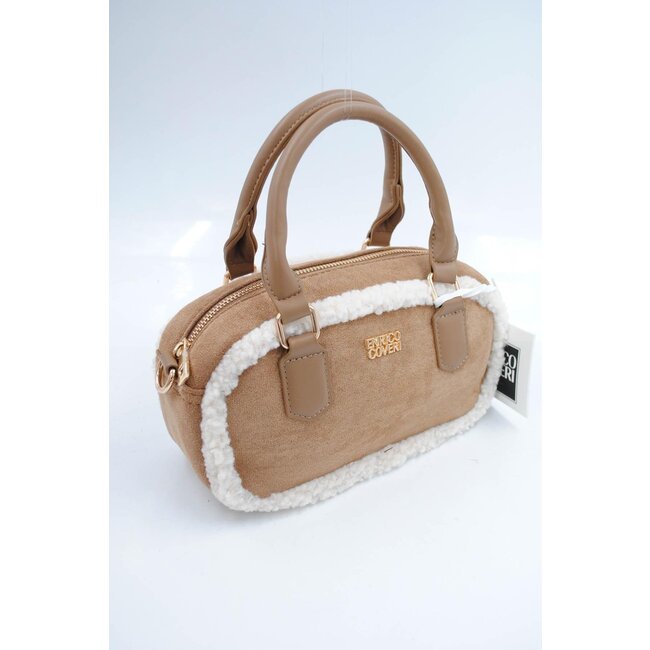 Beigefarbene Wildlederhandtasche mit Fellbesatz und langem Schulterriemen