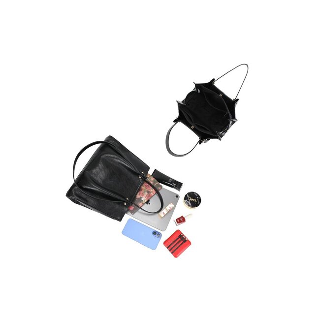 Schwarze Einkaufstasche mit doppelten Schulterriemen und Faltenbildung