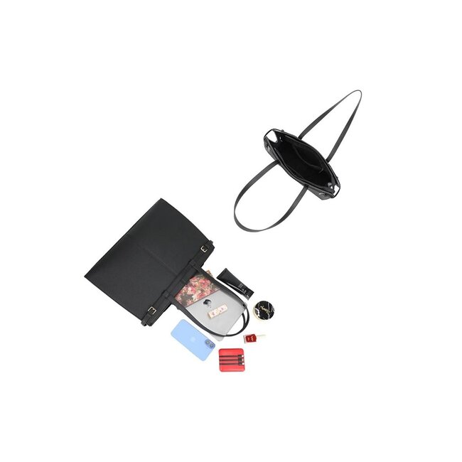 Schwarze Einkaufstasche mit doppelten Schulterriemen und Reißverschlusstasche