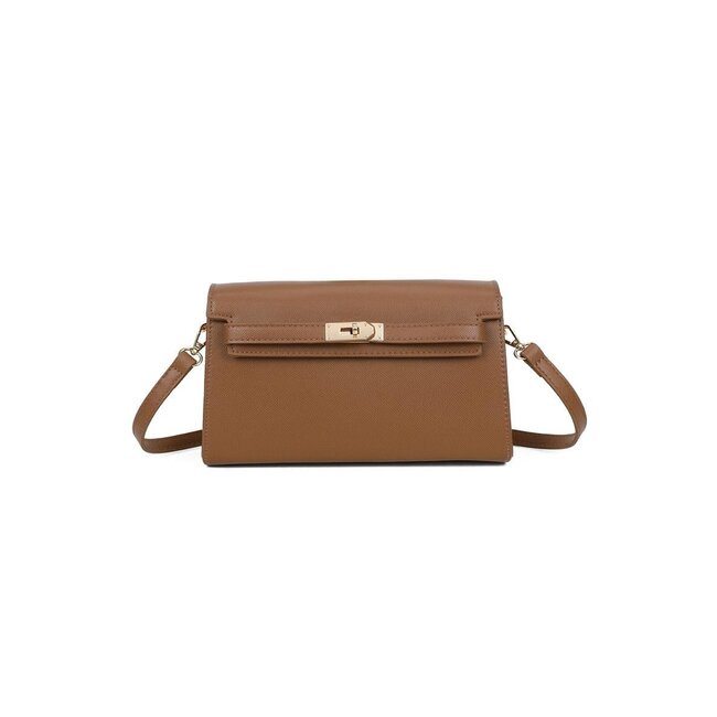 Langer Titel: Braune Umhängetasche mit goldfarbenem Verschluss