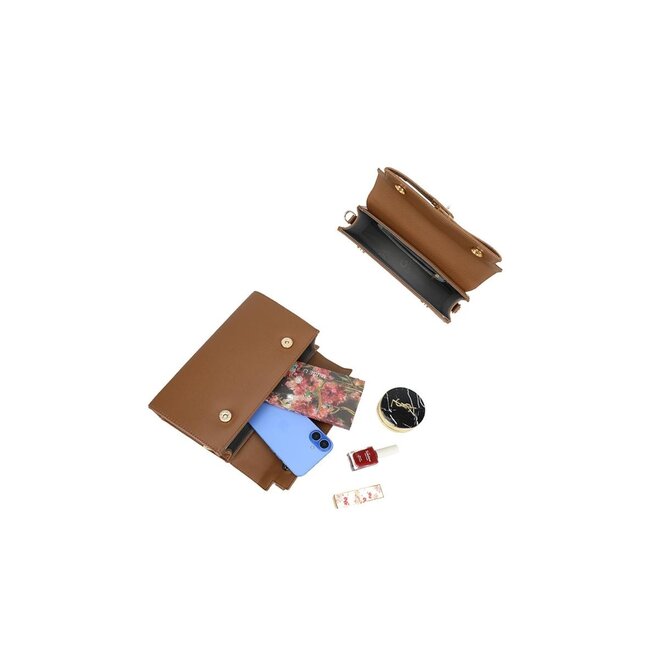 Langer Titel: Braune Umhängetasche mit goldfarbenem Verschluss