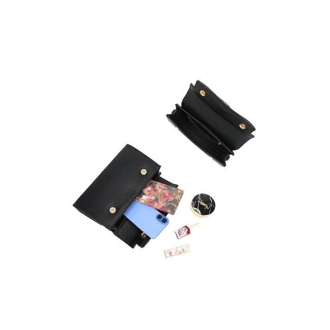 Schwarze Umhängetasche mit goldfarbenem Verschluss