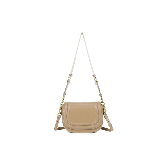 Beige Crossbody-Tasche mit breitem Riemen und goldenen Akzenten