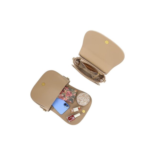 Beige Crossbody-Tasche mit breitem Riemen und goldenen Akzenten