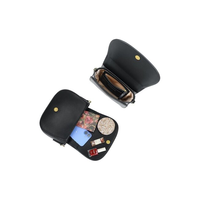 Schwarze Umhängetasche mit verstellbarem weißen Riemen und goldenen Verschlüssen