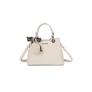 Cremefarbene Handtasche mit Relief und Pompon