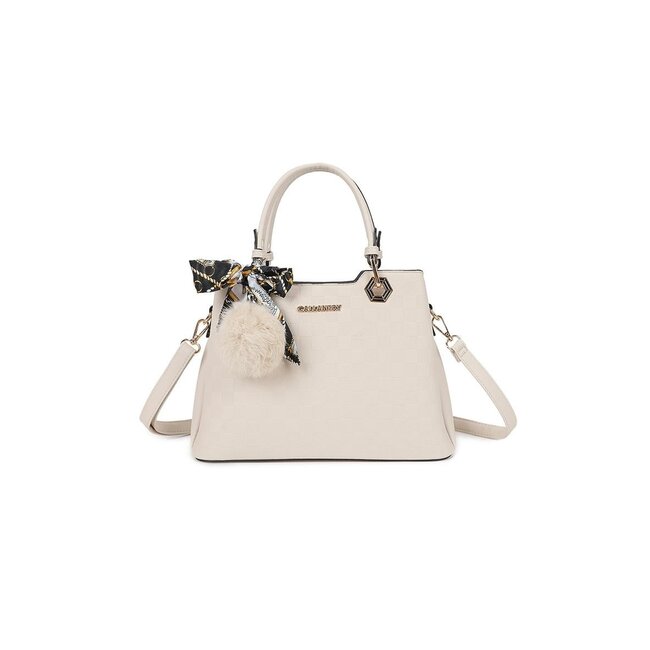 Weiße Handtasche mit kariertem Relief, Schal und Pompon
