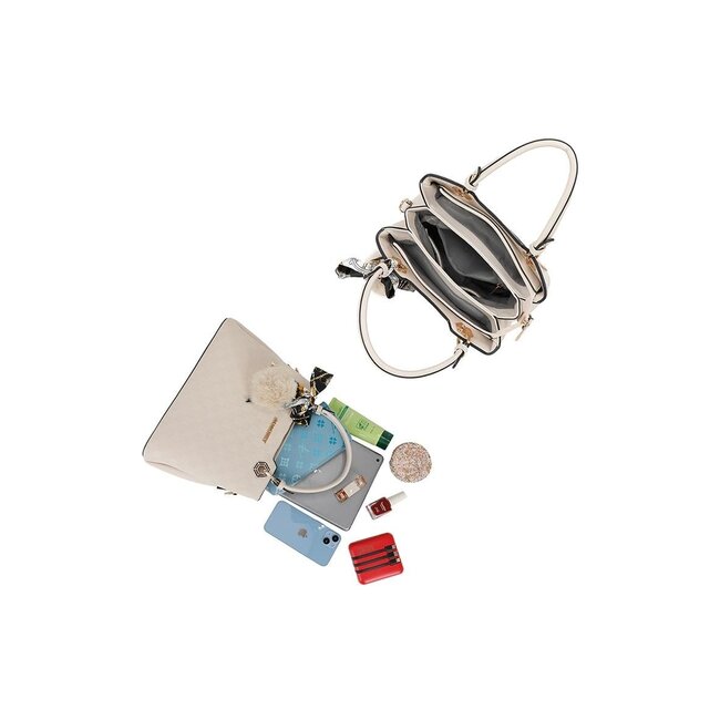 Weiße Handtasche mit kariertem Relief, Schal und Pompon