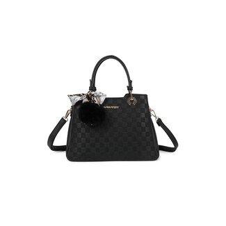 Schwarze Handtasche mit Schal und Pompon