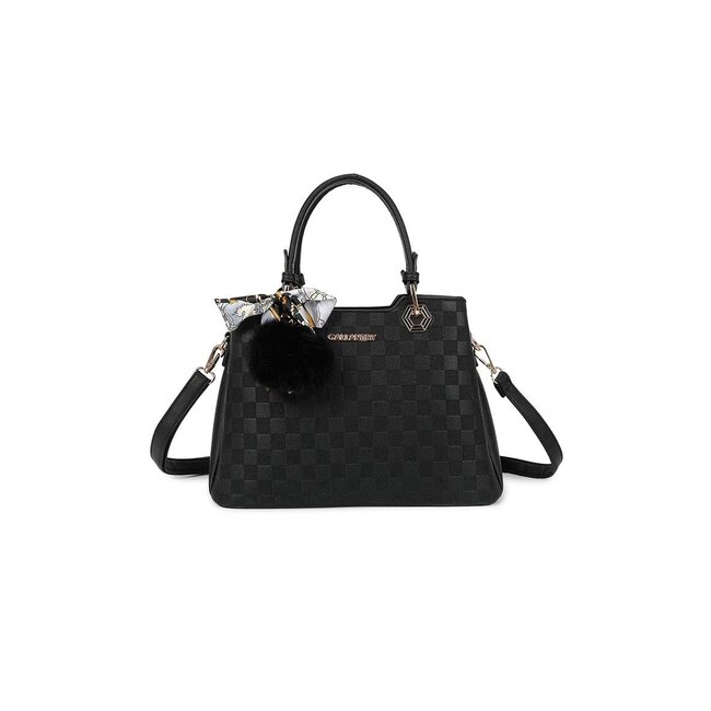 Schwarze Handtasche mit kariertem Relief, Schal und Pompon