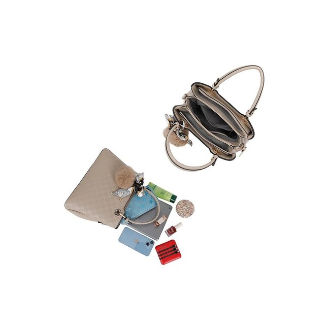 Beige Handtasche mit kariertem Relief, Schal und Pompon