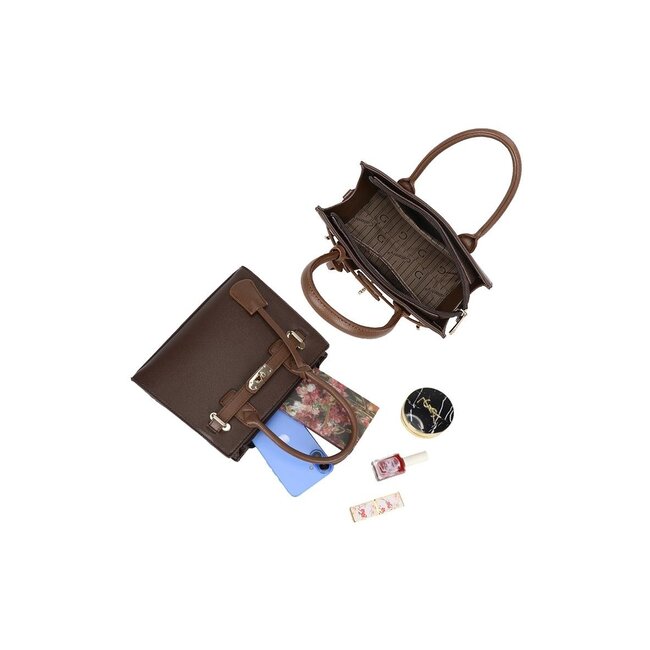 Dark Brown Handbag with Gold-Tone Clasp and Handles