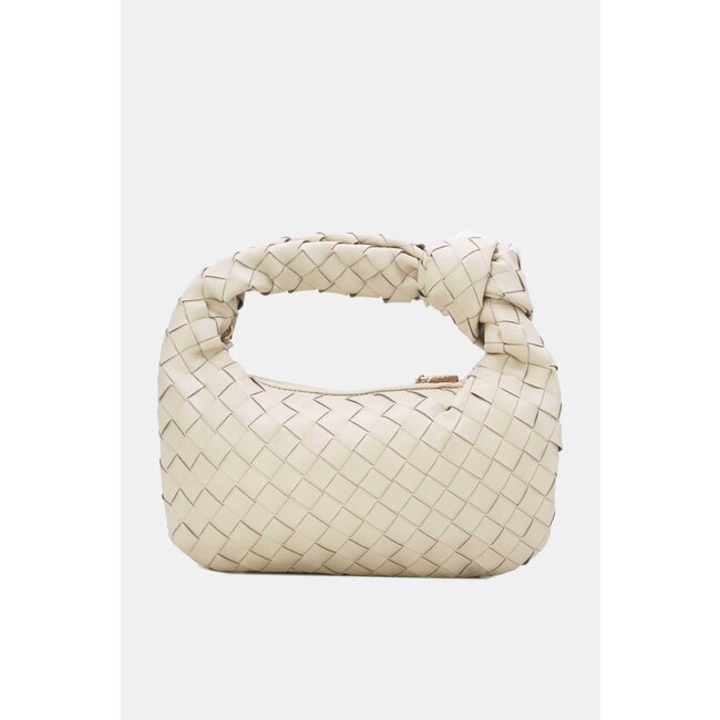 Cremefarbene gewebte Umhängetasche aus Kunstleder mit Knopfdetail und zusätzlichem Henkel